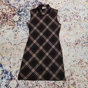 90s Y2K G.A.S. Metallic Plaid Brown Mockneck Mini Dress Size Medium